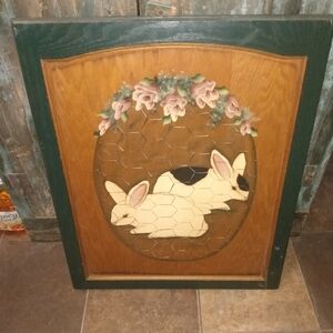 Vintage Wooden Cabinet Door With Hand Painted Rabbits